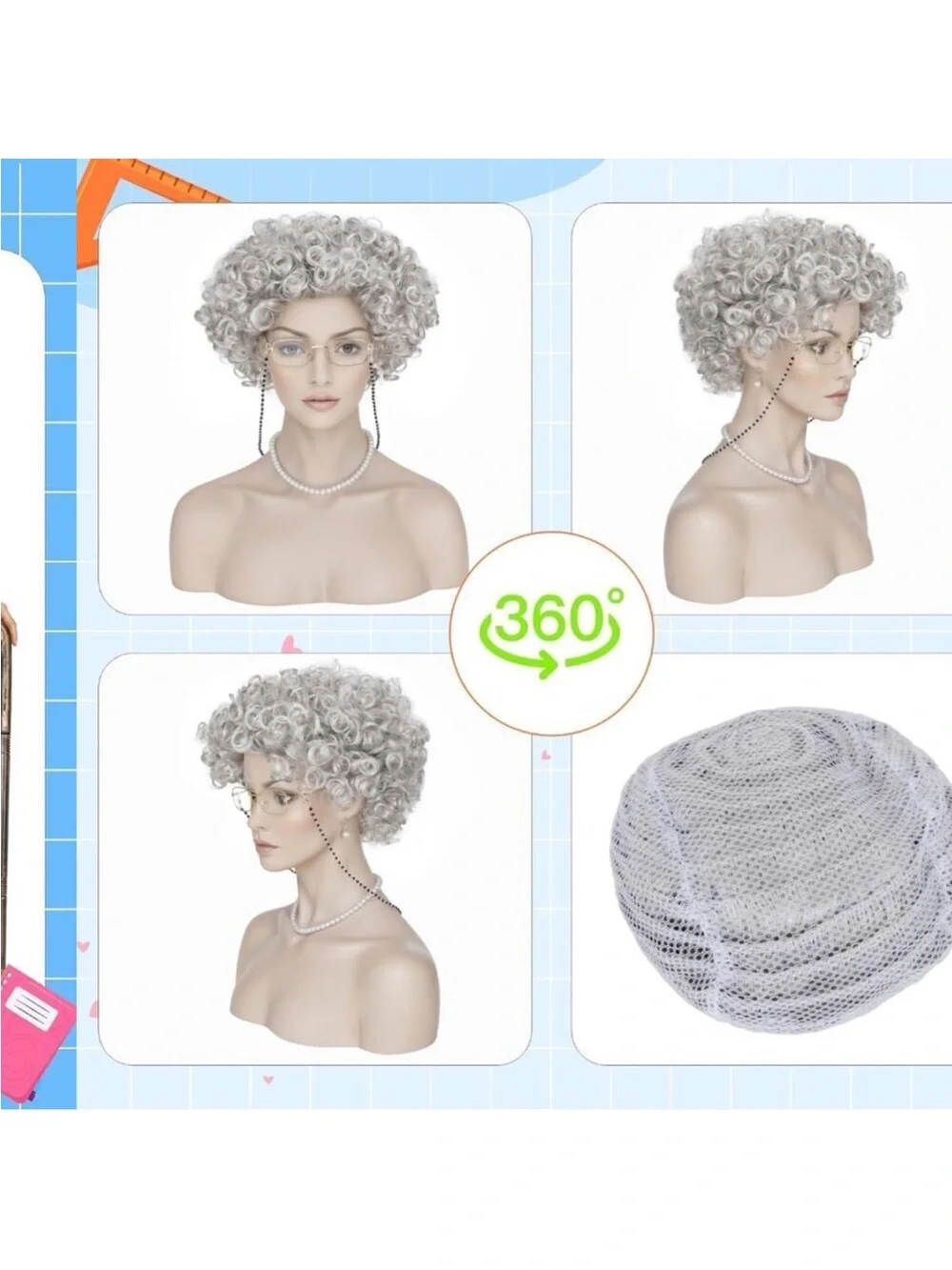 Old Lady Wig Costume Set for Women Gray Hair Granny Cosplay Halloween Party